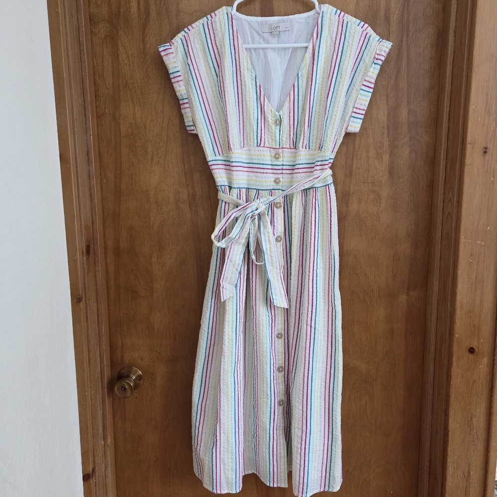 LOFT Striped Midi Dress in Pastel Multi-Color
